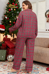 Rotes kariertes bedrucktes Hemd und Hose, Plus Size Lounge-Set